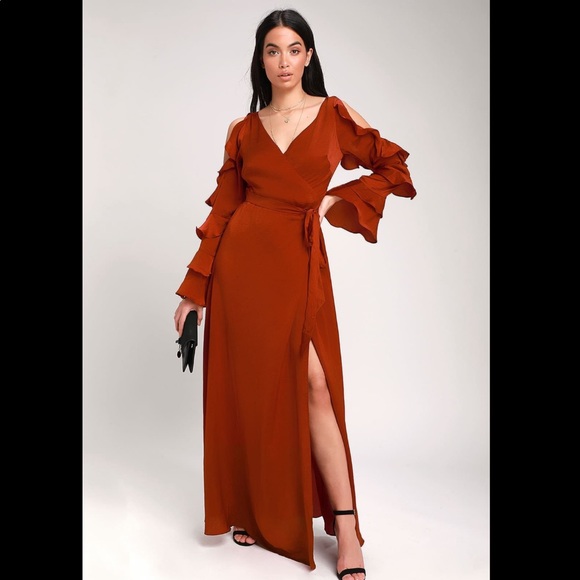 ♨️Lovely As Always Rust Red Satin Wrap Maxi Dress - Picture 3 of 11